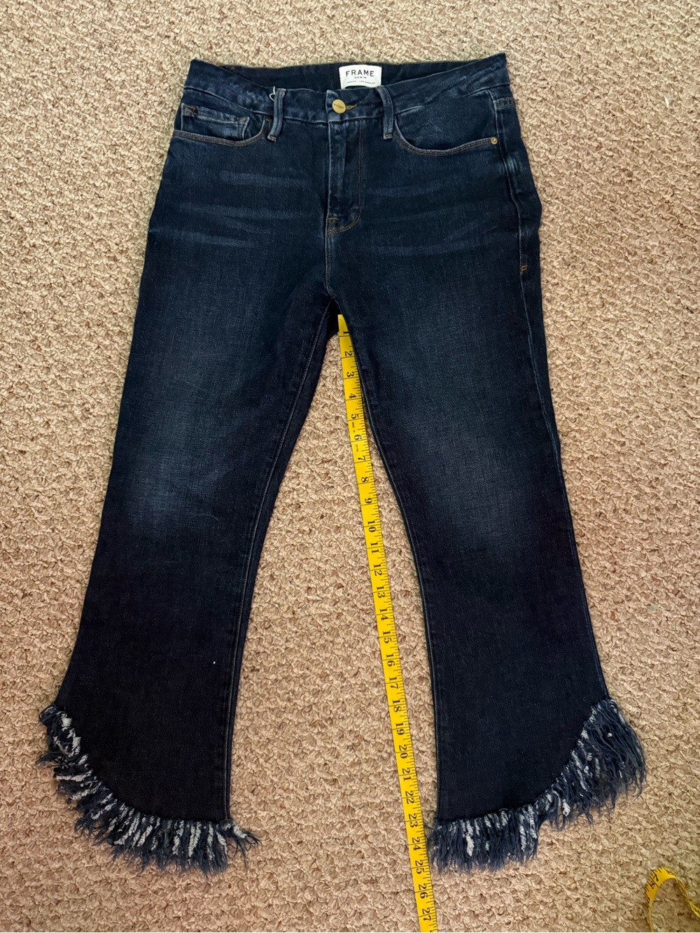 Frame Denim Dark Blue Cropped Jeans with Frayed Hem; Size 28